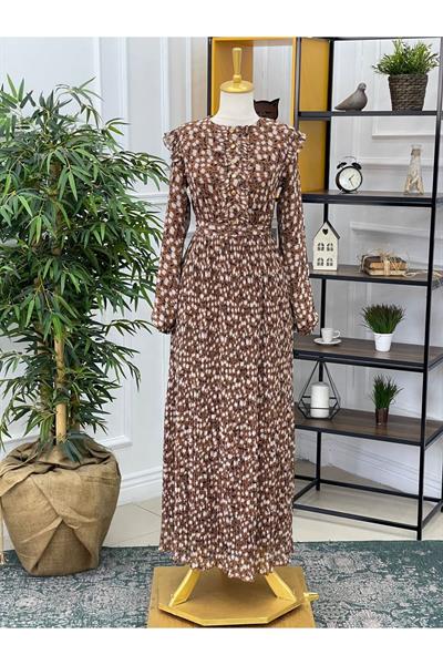 Çiçek Baskı Piliseli Elbise 373 Taba