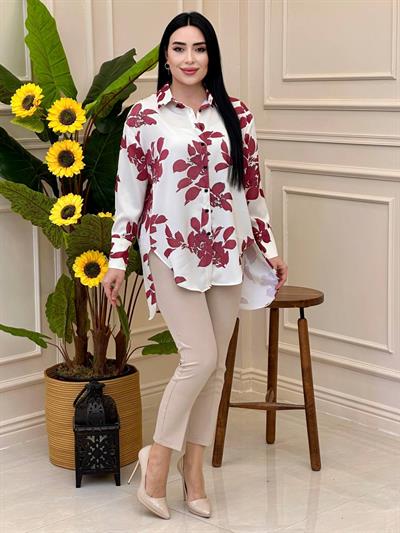 Çiçek Baskı Saten Gömlek 6079 g025 Bordo