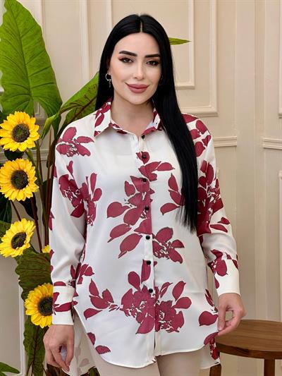 Çiçek Baskı Saten Gömlek 6079 g025 Bordo