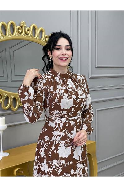 Çiçek Baskılı Elbise 1640 Kahverengi