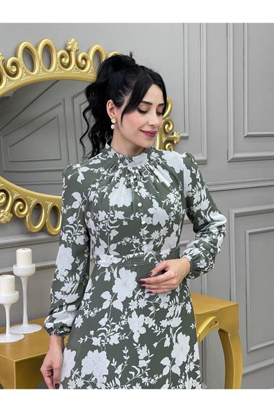 Çiçek Baskılı Elbise 1640 Mint yeşili
