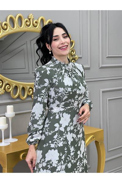 Çiçek Baskılı Elbise 1640 Mint yeşili
