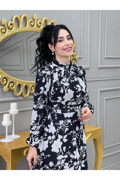 Çiçek Baskılı Elbise 1640 Siyah