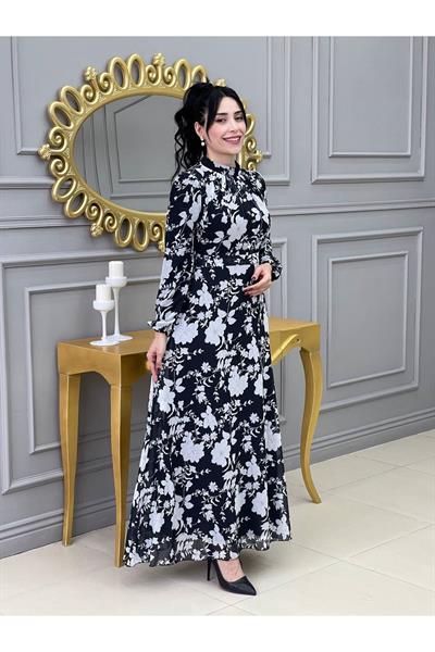 Çiçek Baskılı Elbise 1640 Siyah