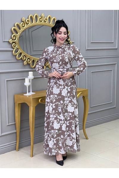 Çiçek Baskılı Elbise 1640 Vizon