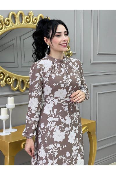 Çiçek Baskılı Elbise 1640 Vizon