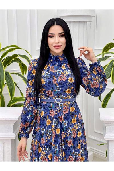Çiçek Desem Şifon Elbise 4021 Mavi