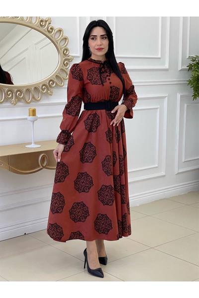 Çiçek Desen Düğmeli Elbise 1245 Kiremit