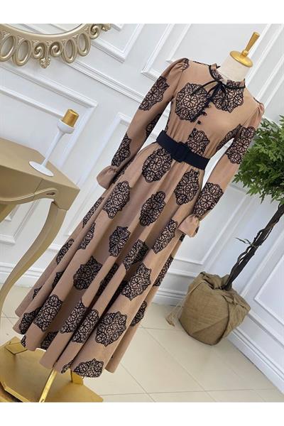 Çiçek Desen Düğmeli Elbise 1245 Vizon