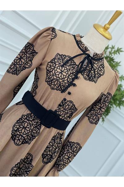 Çiçek Desen Düğmeli Elbise 1245 Vizon