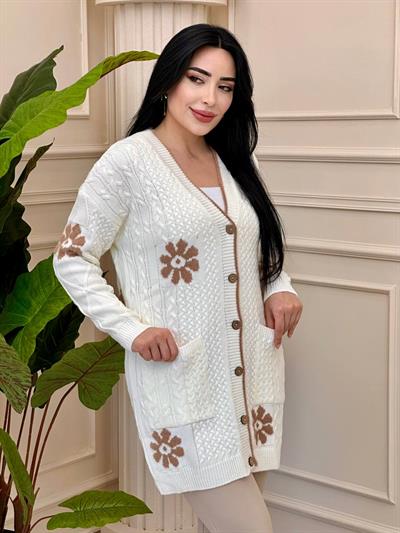 Çiçek Desen Düğmeli Hırka 34014 t-24 Beyaz