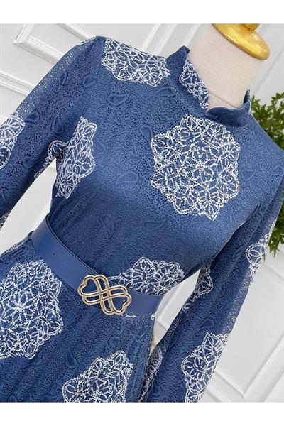 Çiçek Desen Güpür Elbise 1187 Mavi