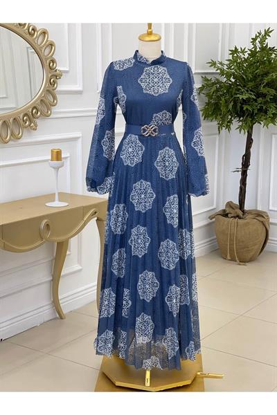 Çiçek Desen Güpür Elbise 1187 Mavi