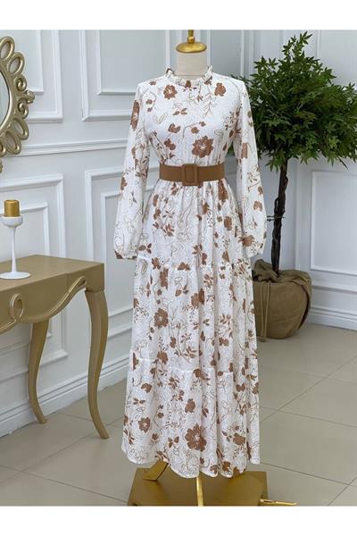 Çiçek Desen Güpür Elbise 1228 Kahverengi