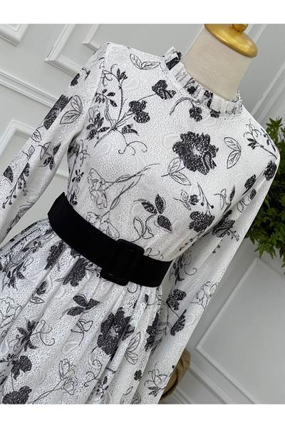 Çiçek Desen Güpür Elbise 1228 Siyah
