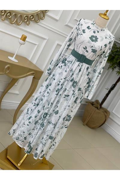Çiçek Desen Güpür Elbise 1228 Yeşil