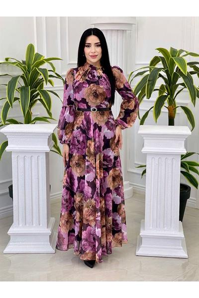 Çiçek Desen Kemerli Elbise 4021-Mor