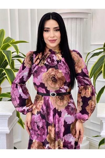 Çiçek Desen Kemerli Elbise 4021-Mor