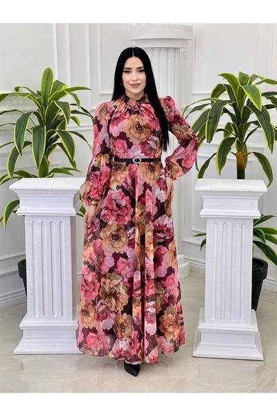 Çiçek Desen Kemerli Elbise 4021 pembe