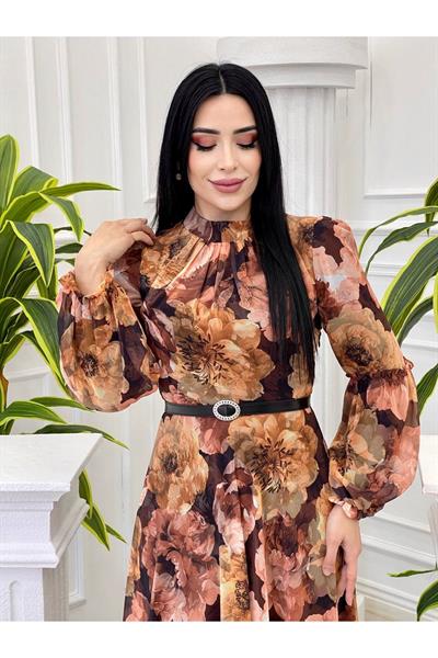 Çiçek Desen Kemerli Elbise 4021 Taba