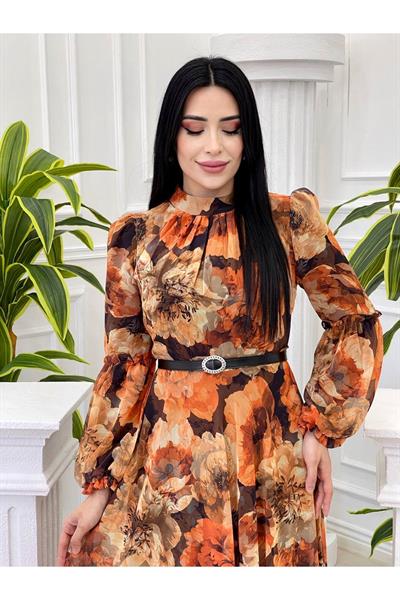 Çiçek Desen Kemerli Elbise 4021 Turuncu