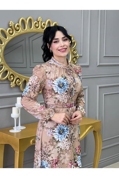 Çiçek Desen Şifon Elbise 3332 Bej