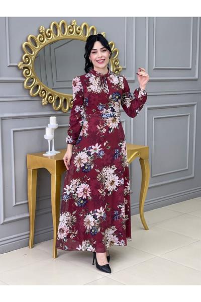 Çiçek Desen Şifon Elbise 3332 Bordo