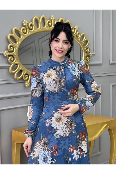 Çiçek Desen Şifon Elbise 3332 İndigo Mavi