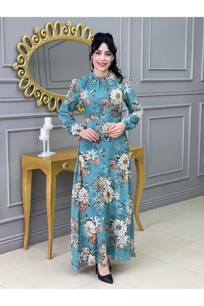 Çiçek Desen Şifon Elbise 3332 Mint yeşili
