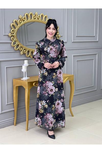 Çiçek Desen Şifon Elbise 3332 Siyah