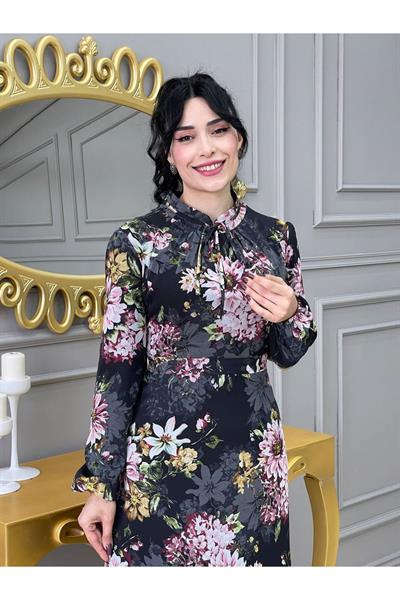 Çiçek Desen Şifon Elbise 3332 Siyah