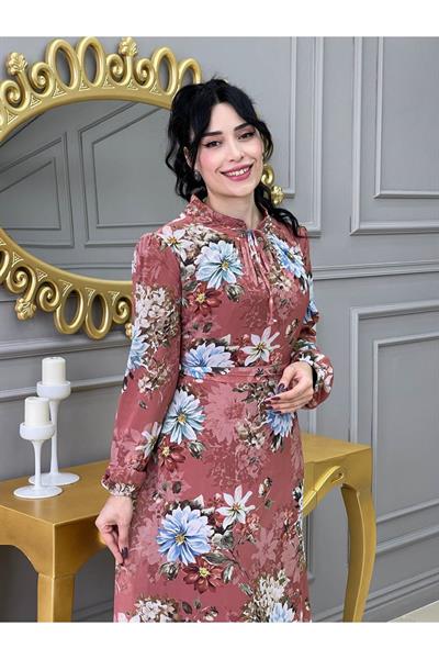 Çiçek Desen Şifon Elbise 3332 Taba