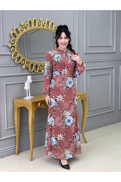 Çiçek Desen Şifon Elbise 3332 Taba