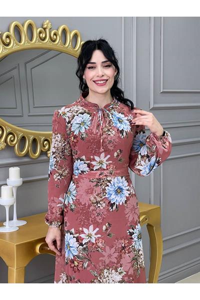 Çiçek Desen Şifon Elbise 3332 Taba