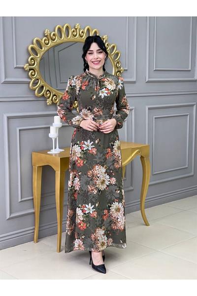 Çiçek Desen Şifon Elbise 3332 Yeşil