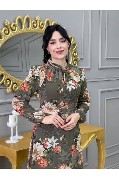 Çiçek Desen Şifon Elbise 3332 Yeşil