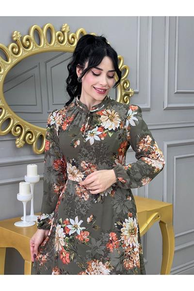 Çiçek Desen Şifon Elbise 3332 Yeşil