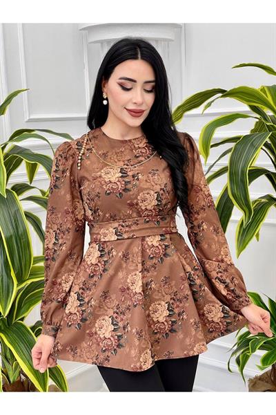 Çiçek Desen Tunik 3076 Kahverengi