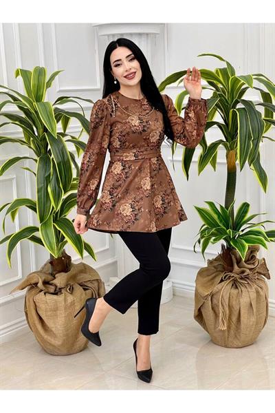 Çiçek Desen Tunik 3076 Kahverengi