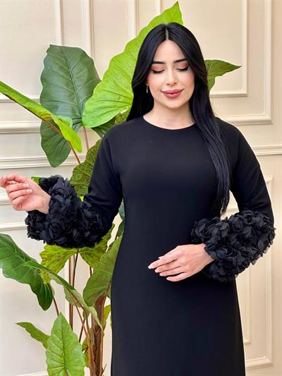 Çiçek Desen Yarım Ay Krep Elbise 4700 E-025 Siyah
