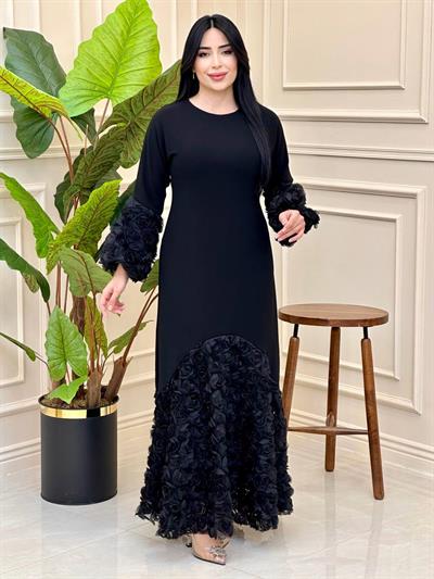 Çiçek Desen Yarım Ay Krep Elbise 4700 E-025 Siyah