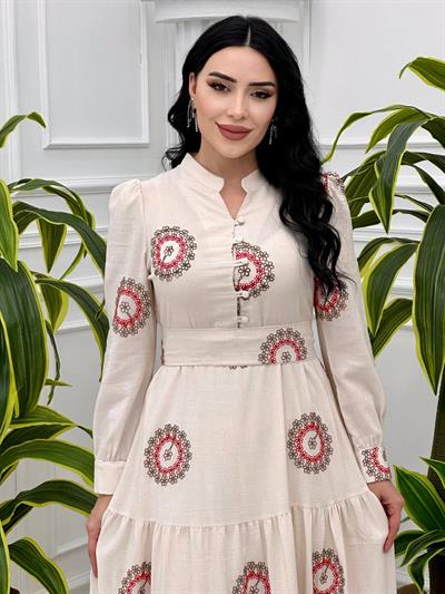 Çiçek İşleme Keten Elbise 1212 T-24 Kırmızı