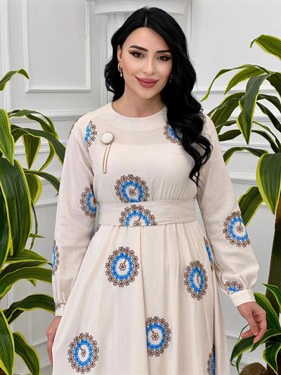 Çiçek İşleme Keten Elbise 1212 T-24 Mavi