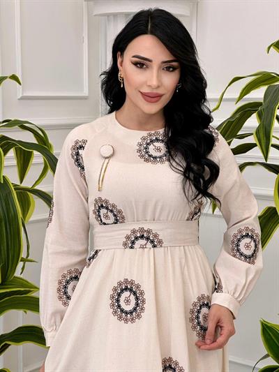 Çiçek İşleme Keten Elbise 1212 T-24 Siyah