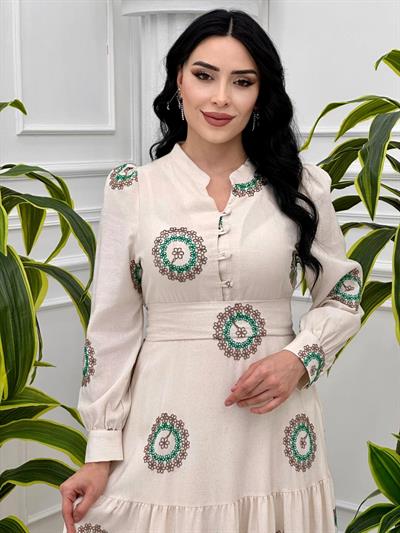 Çiçek İşleme Keten Elbise 1212 T-24 Yeşil