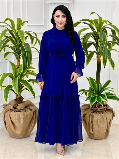 Çiçek Kemerli Şifon Elbise 12521 Saks