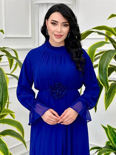 Çiçek Kemerli Şifon Elbise 12521 Saks