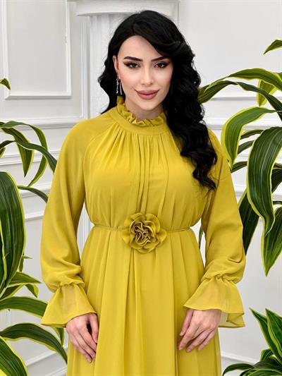 Çiçek Kemerli Şifon Elbise 12521 Sarı