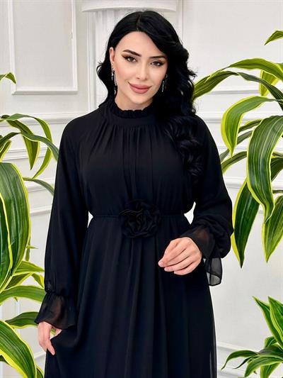 Çiçek Kemerli Şifon Elbise 12521 Siyah
