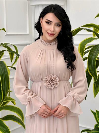 Çiçek Kemerli Şifon Elbise 12521 Taş